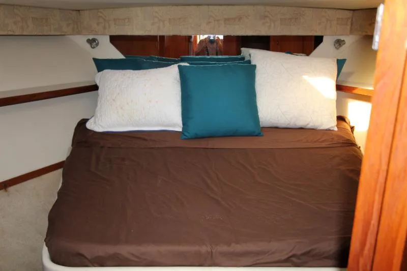  Yacht Photos Pics Cozy cabin bed in 2001 Tiara Yachts 3800 Open with brown bedding and teal pillows.