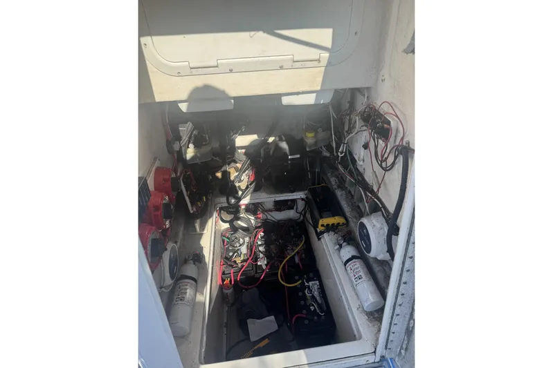  Yacht Photos Pics Electrical compartment of a 2005 Contender 31 Open boat, showing wiring and components.