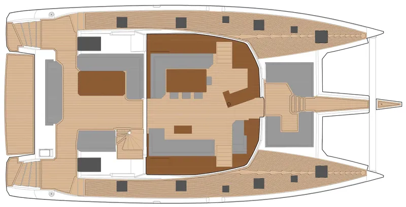  Yacht Photos Pics Floor plan of 2022 Fountaine Pajot Samana 59 catamaran, showcasing spacious deck layout.
