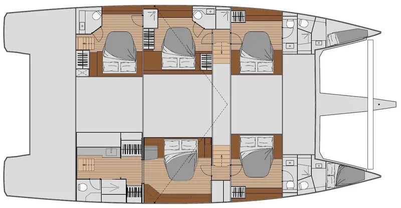  Yacht Photos Pics Floor plan of 2022 Fountaine Pajot Samana 59 catamaran, featuring multiple cabins and bathrooms.