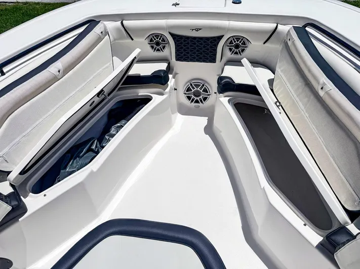  Yacht Photos Pics 2024 Tidewater 256 Adventurer boat interior with open storage compartments and speakers.