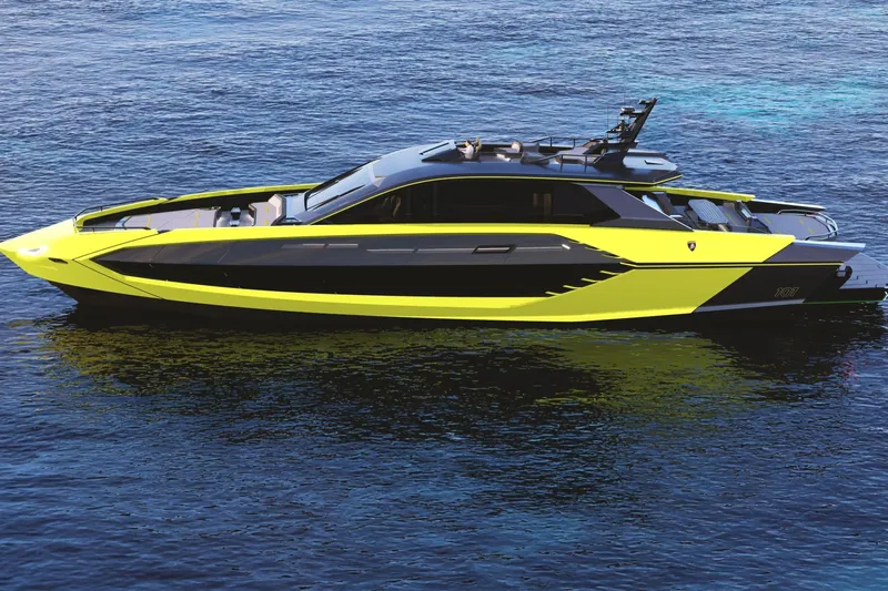 Yacht Photos Pics Luxury Tecnomar Lamborghini 101 yacht, 2027 model, sleek design on open water.