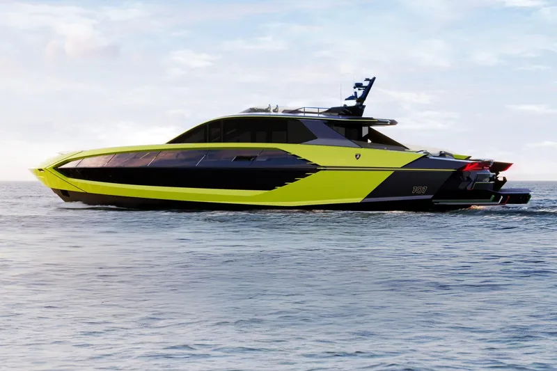  Yacht Photos Pics Luxury Tecnomar Lamborghini 101 yacht, 2027 model, cruising on open water.