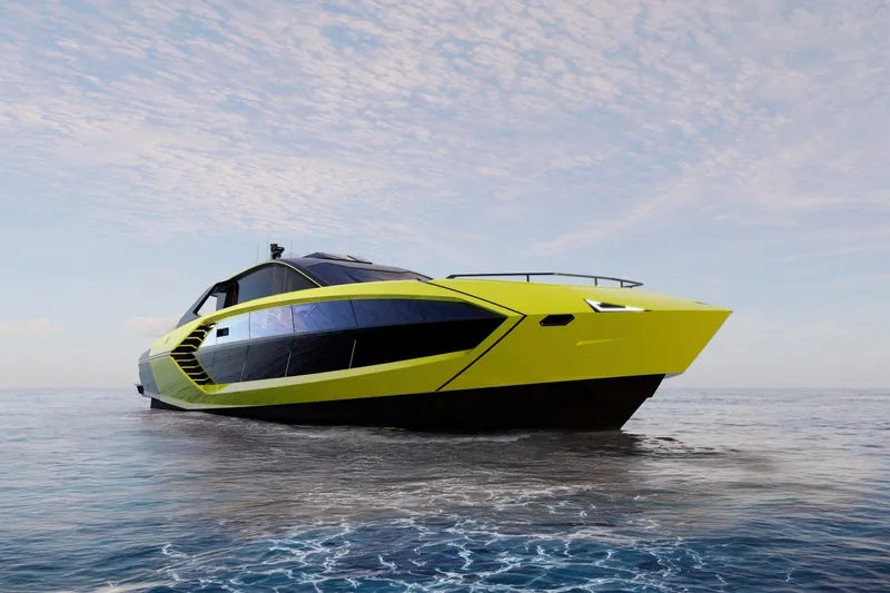  Yacht Photos Pics Futuristic Tecnomar Lamborghini 101 yacht, 2027 model, in vibrant yellow on open sea.