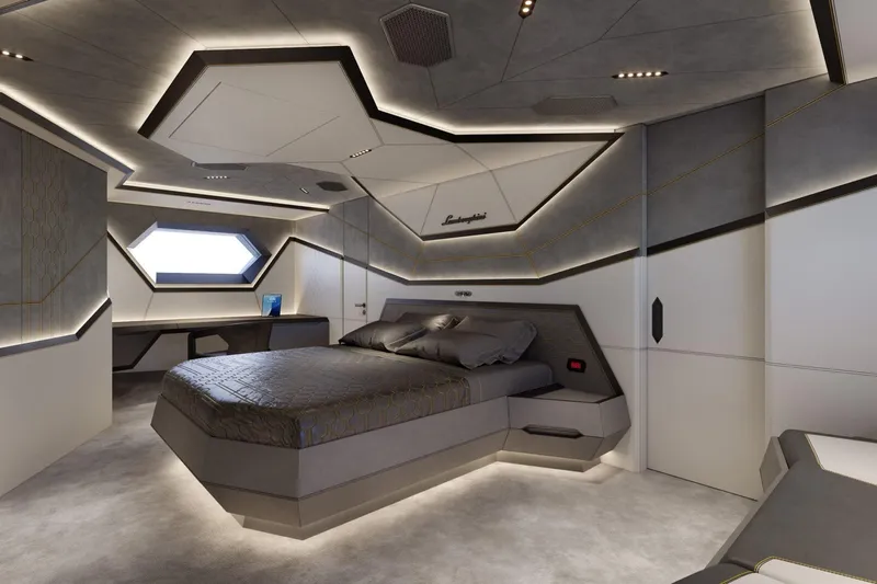  Yacht Photos Pics Luxurious Tecnomar Lamborghini 101 yacht bedroom, futuristic design, 2027 model.