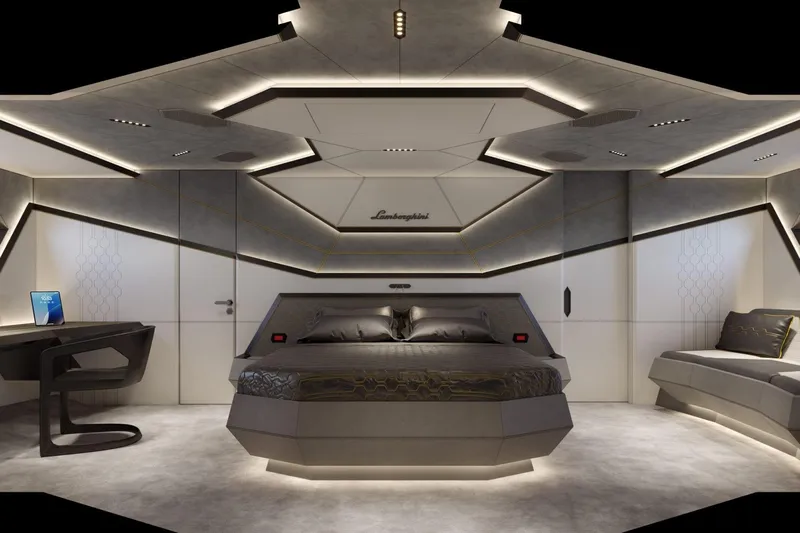  Yacht Photos Pics Luxurious Tecnomar Lamborghini 101 yacht bedroom, futuristic design, sleek furnishings, ambient lighting, 2027 model.