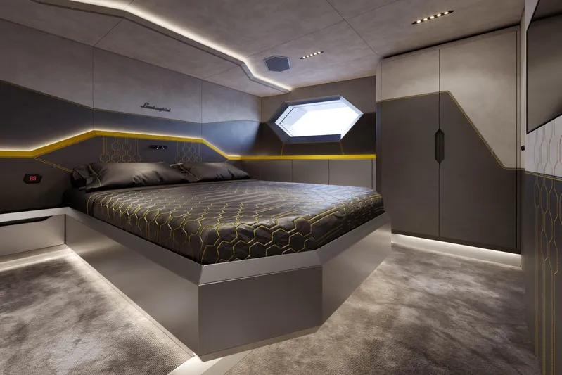  Yacht Photos Pics Luxurious bedroom interior of Tecnomar Lamborghini 101 yacht, 2027 model, featuring sleek modern design.