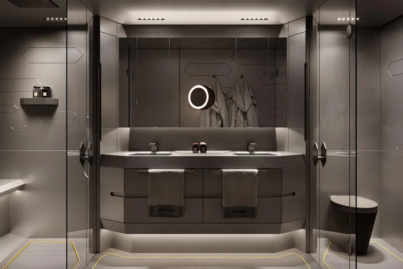  Yacht Photos Pics Luxurious Tecnomar Lamborghini 101 yacht bathroom, 2027 model, featuring sleek modern design and ambient lighting.