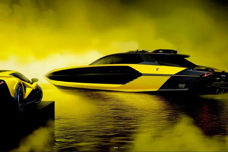  Yacht Photos Pics Yellow Tecnomar Lamborghini 101 yacht and car, 2027 model, on water with dramatic lighting.