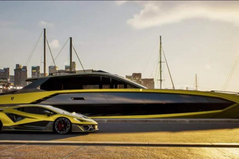  Yacht Photos Pics Luxury Tecnomar Lamborghini 101 yacht and sports car, 2027 model, docked at sunset.