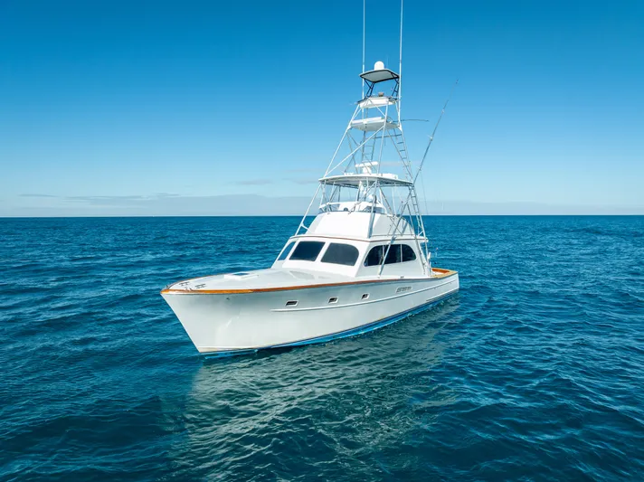 Andiamo Yacht Photos Pics 1979 Merritt 46 yacht cruising on open blue sea.
