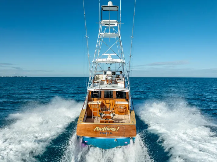Andiamo Yacht Photos Pics Merritt 46 yacht cruising on open sea, 1979 model, clear blue sky.