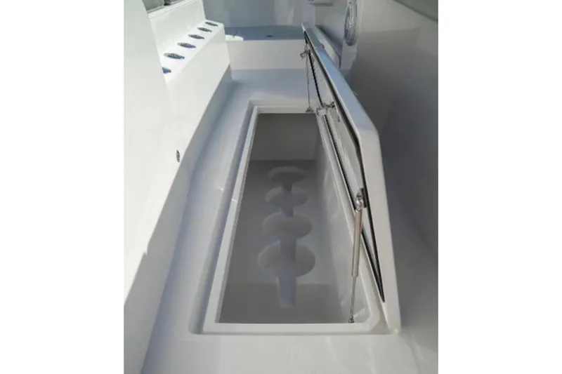  Yacht Photos Pics 2024 Front Runner 37 Catamaran storage compartment with open lid and sleek design.