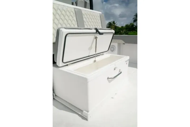 Yacht Photos Pics Open storage compartment on 2024 Front Runner 37 Catamaran, featuring sleek design and functionality.