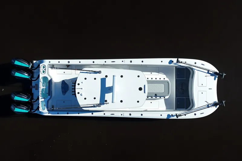  Yacht Photos Pics Top view of 2024 Front Runner 37 Catamaran with triple outboard engines.
