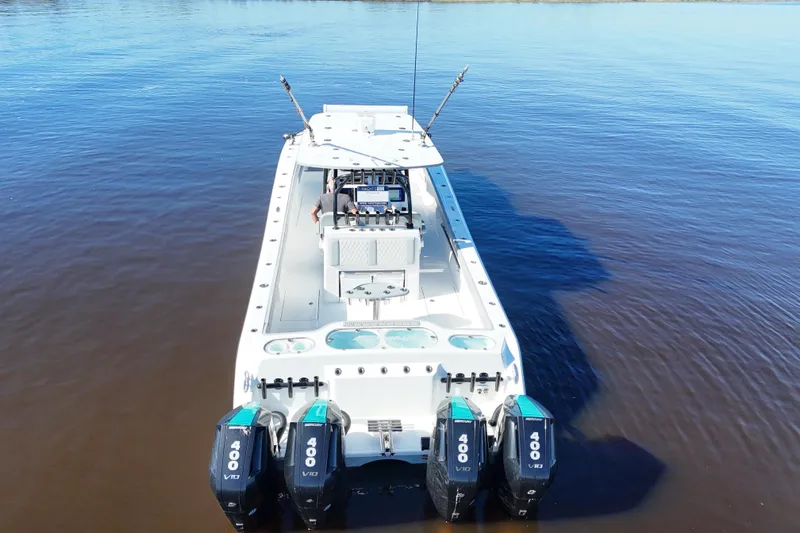  Yacht Photos Pics 2024 Front Runner 37 Catamaran with quad 400 V10 engines on calm water.