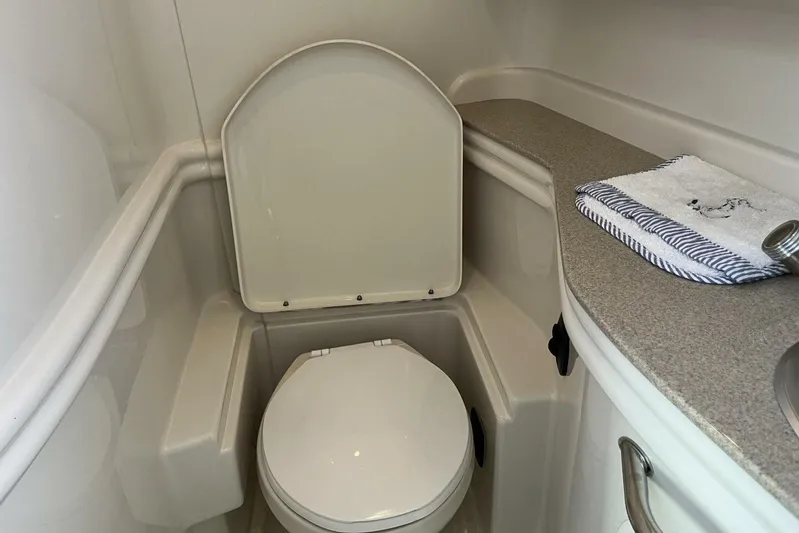  Yacht Photos Pics 2007 Sea Ray 340 Sundancer bathroom with toilet and countertop, featuring a towel.