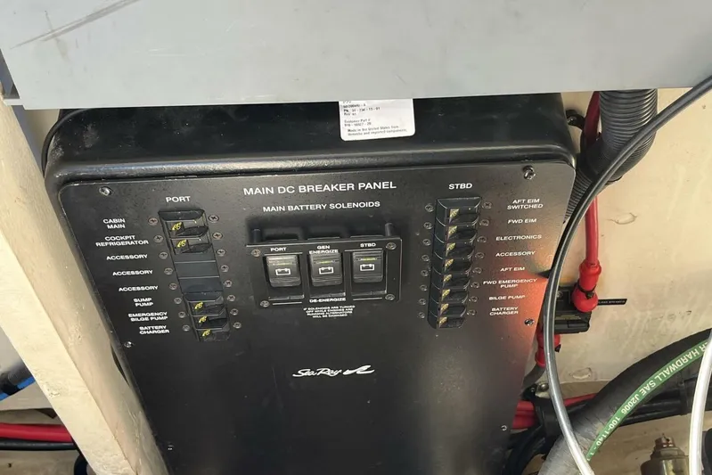  Yacht Photos Pics Main DC breaker panel on 2007 Sea Ray 340 Sundancer boat, showing switches and wiring.