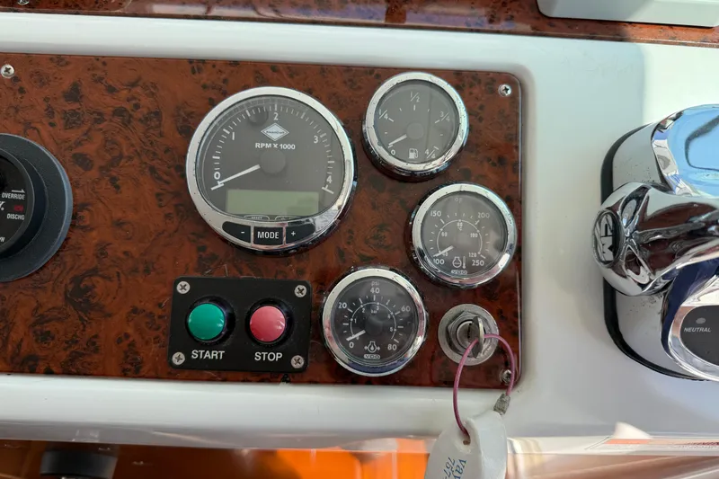 All At Sea Yacht Photos Pics Dashboard of a 2007 Beneteau Swift Trawler 42 with gauges and controls.