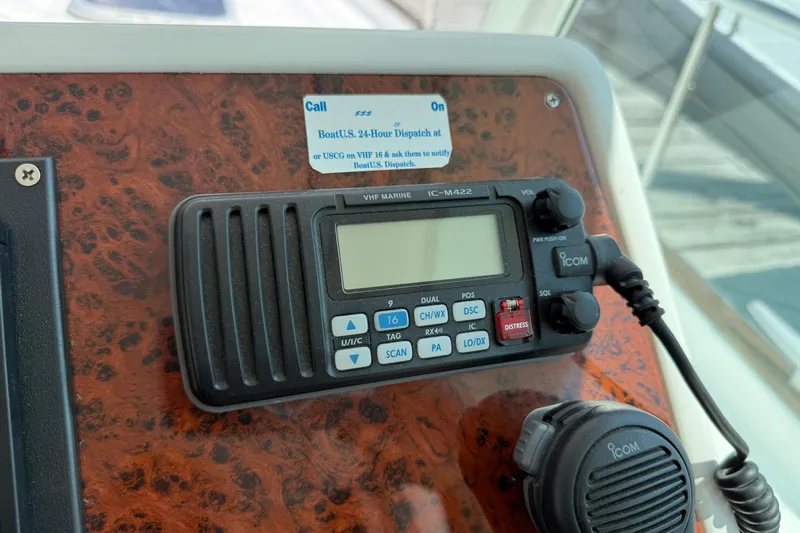 All At Sea Yacht Photos Pics VHF marine radio on 2007 Beneteau Swift Trawler 42 dashboard.