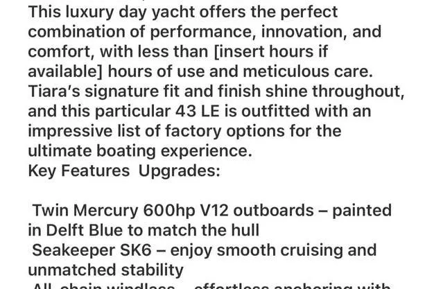 Only 113 Hours Yacht Photos Pics 2023 Tiara Yachts 43 LS description highlighting luxury, performance, and key features like twin Mercury 600hp engines.