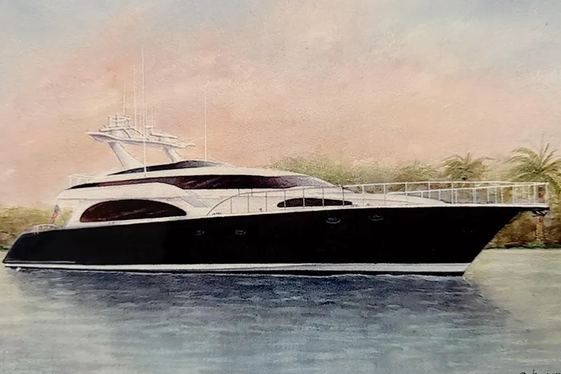 Compass Rose Yacht Photos Pics 1995 Heisley Flybridge yacht on calm water with palm trees in the background.