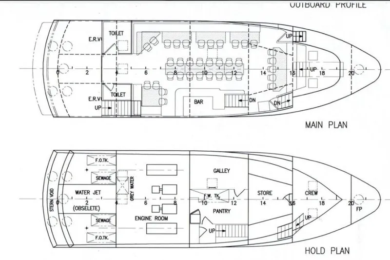Klancy II Yacht Photos Pics Blueprint of 1989 Kanter 66 yacht, showing main and hold plans with detailed layout.