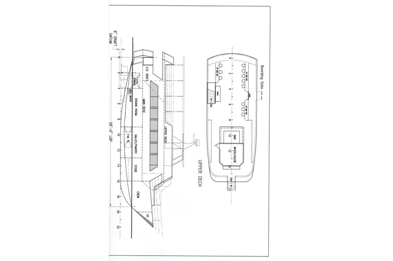 Klancy II Yacht Photos Pics Blueprint of 1989 Kanter 66 yacht, showing side and top views with detailed layout.
