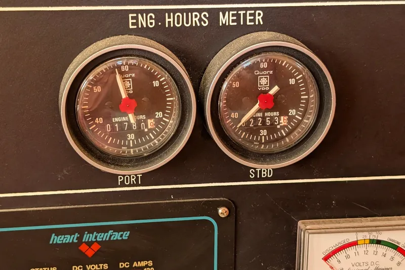 Fisher Folly IV Yacht Photos Pics Engine hours meter on 1988 Offshore Yachts 48 Yachtfisher dashboard, showing port and starboard readings.