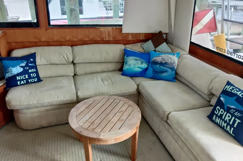  Yacht Photos Pics Cozy interior of 1999 Viking 45 Convertible with shark-themed pillows and wooden table.