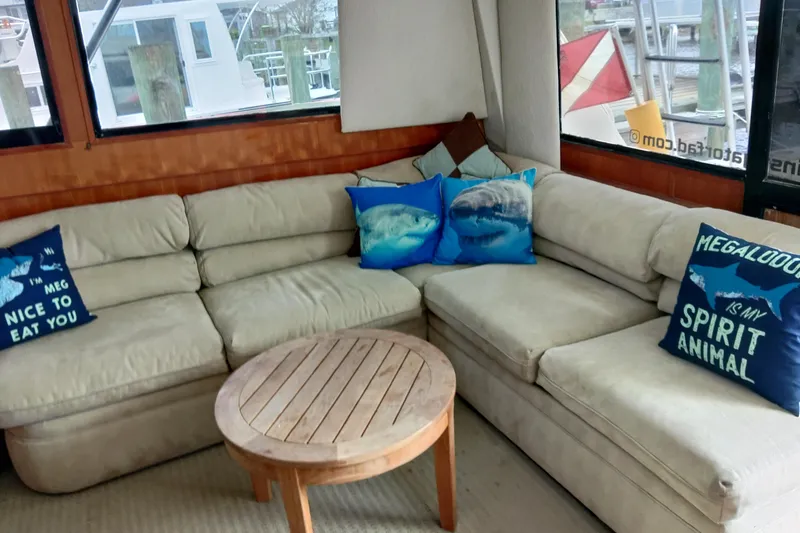  Yacht Photos Pics Cozy interior of 1999 Viking 45 Convertible with shark-themed pillows and round wooden table.