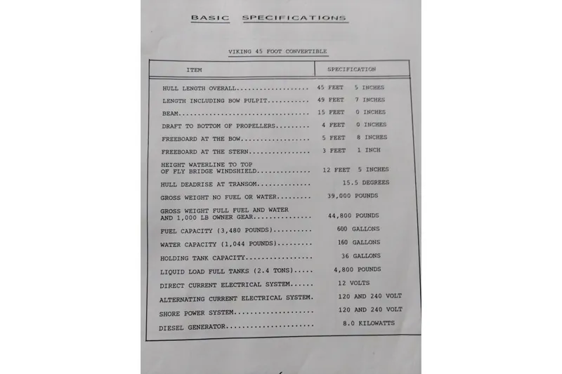  Yacht Photos Pics Specifications sheet for 1999 Viking 45 Convertible boat, detailing dimensions and capacities.