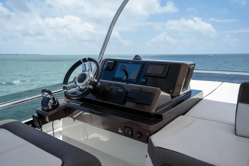  Yacht Photos Pics Helm of 2020 Galeon 500 Fly yacht with ocean view.
