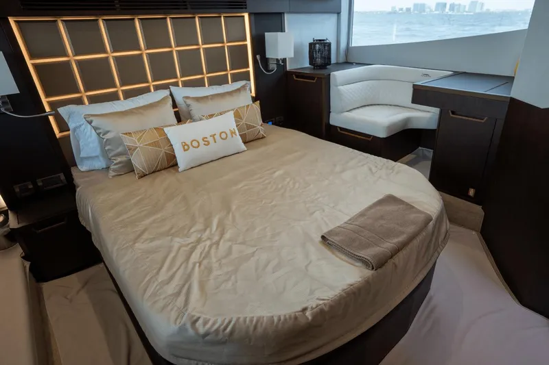  Yacht Photos Pics Luxurious bedroom interior of 2020 Galeon 500 Fly yacht with ocean view.