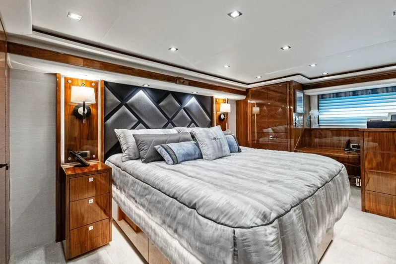 Rachel Anne Yacht Photos Pics Luxurious bedroom interior on 2022 Viking 80 yacht with elegant wood paneling and plush bedding.