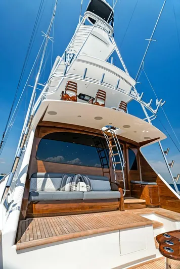 Rachel Anne Yacht Photos Pics Luxury Viking 80 yacht, 2022 model, featuring elegant deck and seating under clear blue sky.