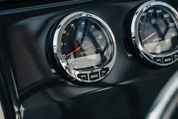  Yacht Photos Pics Close-up of 2026 Trophy T25EX Explorer OB dashboard gauges displaying RPM and speed.