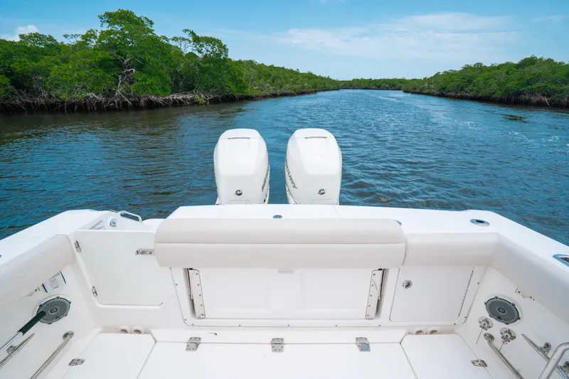  Yacht Photos Pics 2019 Boston Whaler 330 Outrage on a serene river with lush greenery.