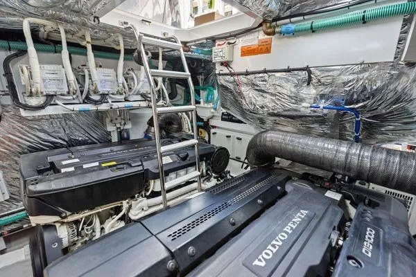 Endless Summer Yacht Photos Pics Engine room of 2020 Princess V55 yacht with Volvo Penta engines and advanced equipment.