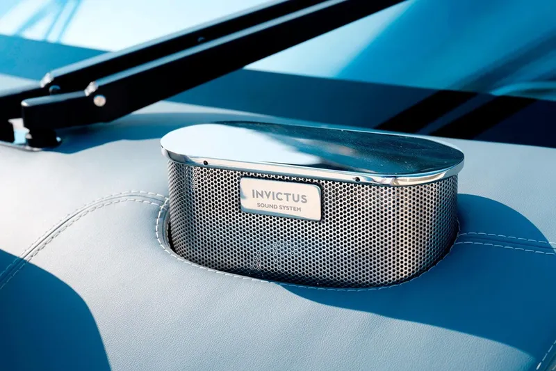 Yacht Photos Pics Invictus TT460 2023 sound system detail on luxury yacht dashboard.