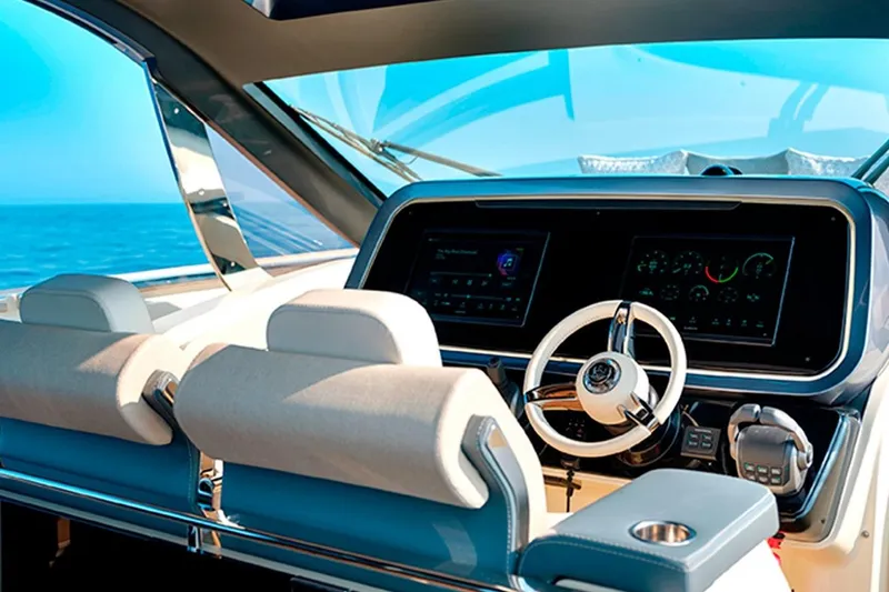  Yacht Photos Pics Helm of 2023 Invictus TT460 yacht with modern controls and ocean view.