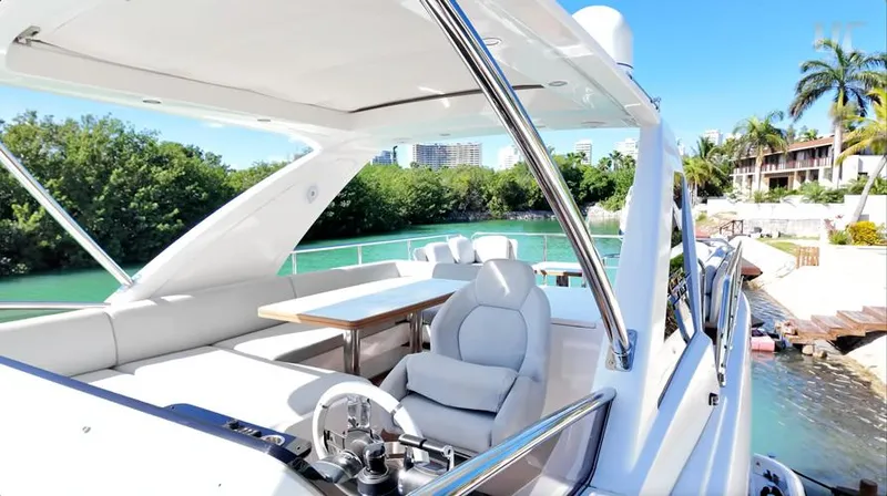Resilience Yacht Photos Pics Luxurious 2021 Azimut 55 yacht with spacious deck, scenic waterfront view.