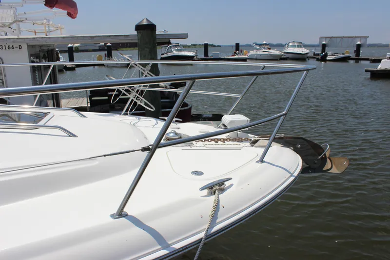  Yacht Photos Pics 2003 Sea Ray 380 Sundancer yacht docked at marina, featuring sleek bow design.