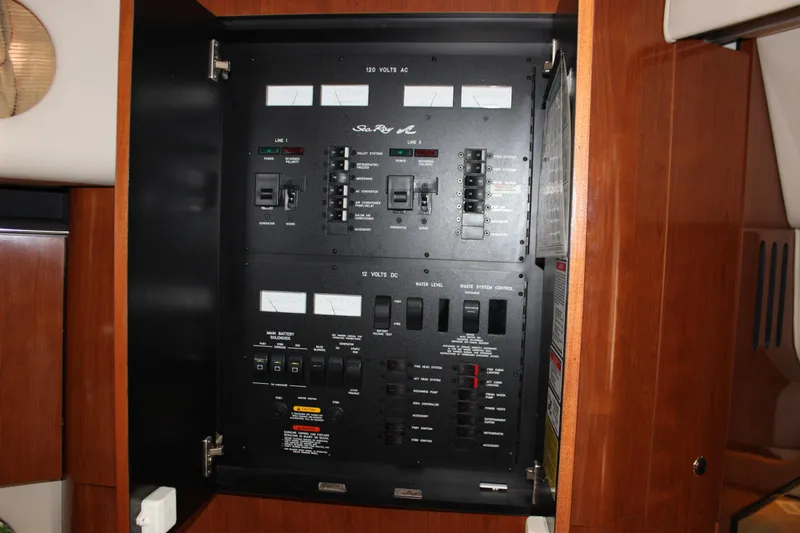  Yacht Photos Pics Electrical control panel inside a 2003 Sea Ray 380 Sundancer yacht.