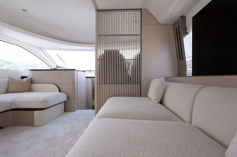  Yacht Photos Pics Luxurious interior of 2022 Azimut Fly 68 yacht with modern seating and elegant design.