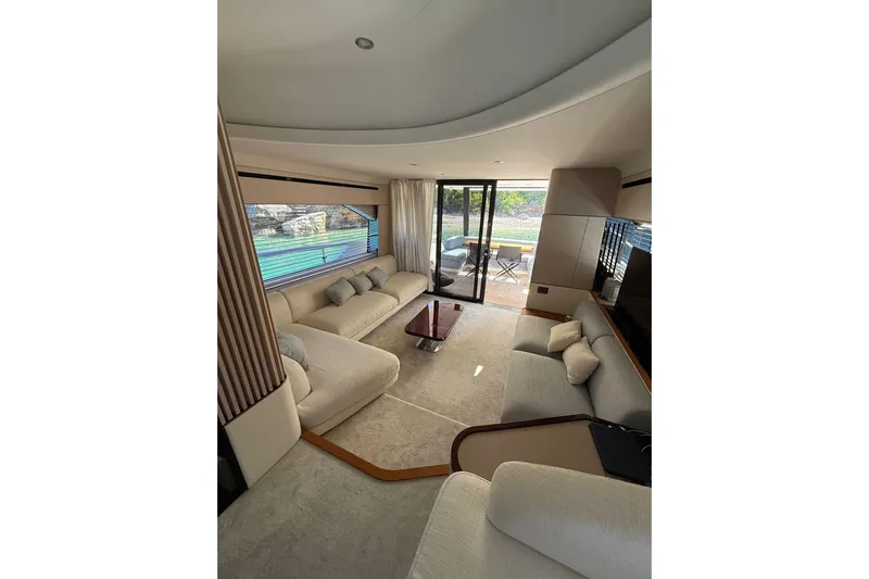  Yacht Photos Pics Luxurious interior of 2022 Azimut Fly 68 yacht with elegant seating and modern design.
