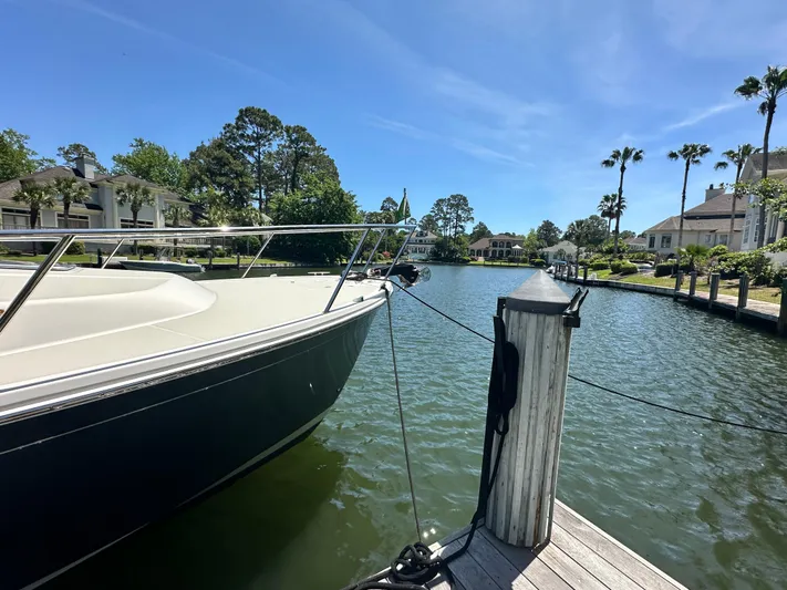  Yacht Photos Pics 2022 Back Cove 372 yacht docked in a scenic waterfront neighborhood.