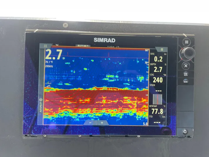 Occtane Yacht Photos Pics Simrad marine display showing sonar data on Ocean Yachts 44 Super Sport, 1990 model.