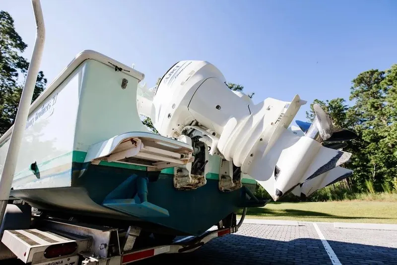  Yacht Photos Pics 2017 Albury Brothers center console boat with dual outboard motors on a trailer.
