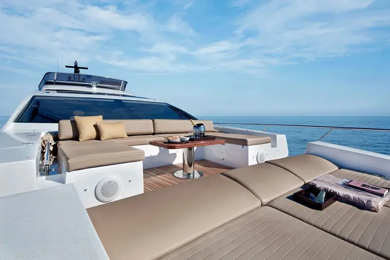  Yacht Photos Pics Luxurious 2015 Azimut 77S yacht deck with elegant seating and ocean view.